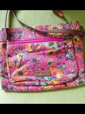 Sakroots Pink Floral Print Crossbody with Orange & Yellow Accents
